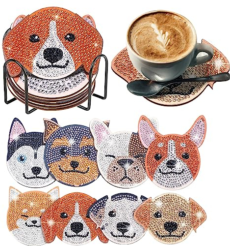 YAOYIN Diamond Painting Untersetzer, 8er Set DIY Diamond Painting Kinder Untersetzer mit Halter, 5D Diamond Painting Erwachsene Untersetzer Tierhunde, Diamant Art Kerzen Für Gläser Weingläser Vasen