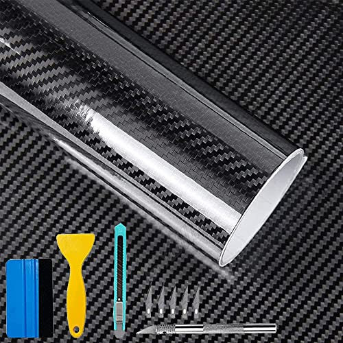 Arespark 6D Carbon Fiber Vinyl Self Adhesive Film, Waterproof Wrap Roll Without Bubble, Adapted to The Appearance and The Interior of Motorcycles, Computers, Cars (6D Black with Tool, 30cm x 300cm)