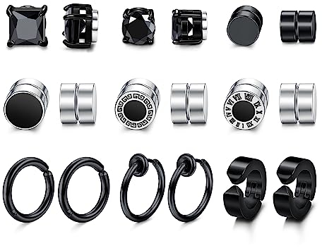 MILACOLATO 9 Paar Magnet Ohrringe Herren Nicht Durchbohrt Silber 316L Edelstahl Magnetohrringe CZ Magnet Diamant Clip auf Ohrring Ohrstecker Fake Magnetische Ohrringe Set Schwarz