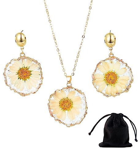 Cosswe Daisy Sonnenblume Halskette und Ohrring Set, Gold gepresste Blume, Personalisierte handgefertigte Schmuckset für Damen, Romantisch veranlagt, verschiedene Altersgruppen