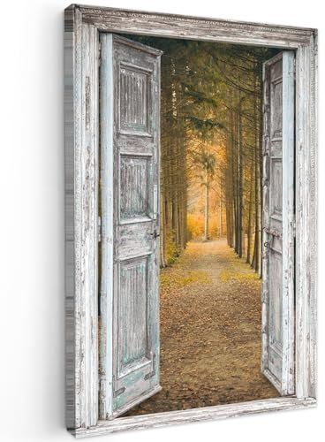 MuchoWow© Leinwand Bilder Groß 80x120 cm XXL Wanddeko Wohnzimmer Aesthetic Room Decor Deko Zimmer Wandbilder Modern Fotogeschenke Wald - Herbst - Fensterblick