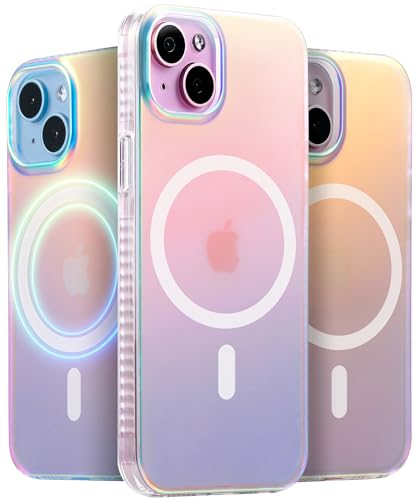 LONLI Hue – Coque pour iPhone 15 [Compatible avec Magsafe] – Holographique irisé – [Protection Contre Les Chutes de 3 m] [4 Coins rembourrés d'airbag] – Mignon, Unique et esthétique (2023)