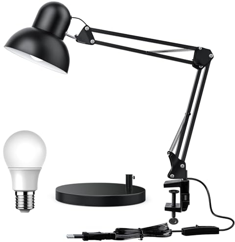 WAFTING Upgrade Große Schreibtischlampe, Schreibtischlampe Retro mit E27 Schraubbirne, Flexible Klemme auf Desk Lamp, Architektenlampe, 65cm Schwenkarm Schreibtischlampe, Led Tischlampe für Büro
