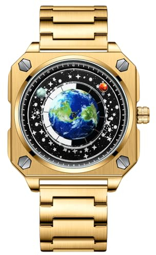 rorios Herren Kreative Uhren Einzigartige Zeiger Armbanduhr Analoge Quarz Quadratische Uhr ERD Zifferblatt Uhr Mode Design Edelstahl für Männer Schwarzgold A