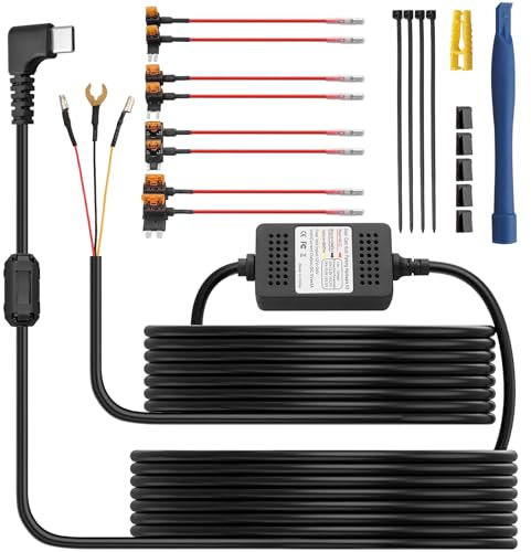 eSynic 3 Wire Dash Cam Hardwire Kit 11.5ft/3.5M USB C Car Camera HardWire Kit 12V-24V to 5V Dashcam Hard Wiring Kit Support ACC mode & Low Voltage Protection With 4 Type Fuse for Dash Camera GPS etc.
