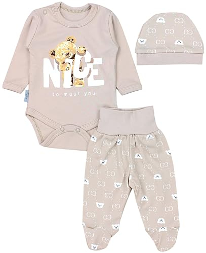 TupTam Baby Mädchen Jungen Bekleidungsset Langarmbody Hose Mütze mit Aufdruck Spruch 3 teilig, Farbe: Bärchen Beige, Größe: 68
