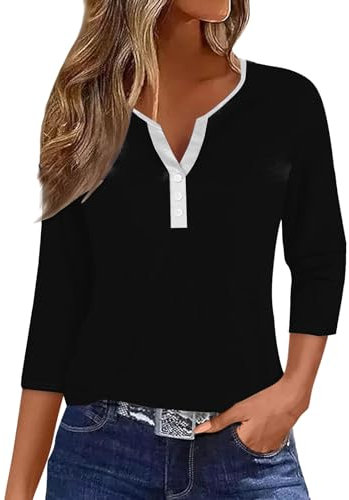 Generic HUIFUAO T-Shirts pour Femmes, T-Shirts d'été à Boutons avec col en V et Manches 3/4 pour Femmes, Haut rayé de Couleur, t-Shirt d'été Basique pour Femme, Coupe Ample, Z06 Noir, L