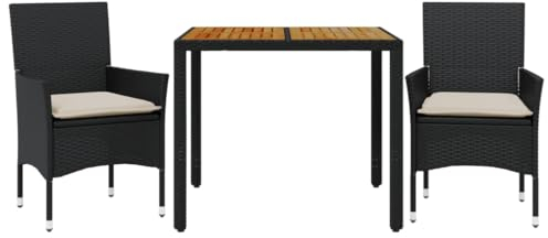 vidaXL Garten Essgruppe 3-TLG., Gartenmöbel Set mit Kissen, Gartengarnitur Tisch 2 Stühle, Lounge Sitzgruppe Sitzgarnitur, Schwarz Poly Rattan Akazie