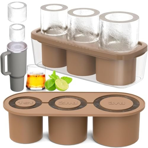 Ice Cube Tray for 20oz-30oz Tumbler Cup， with Lid and Bin for Freezer, Silicone Hollow Cylinder Ice Mold, Easy Fill and Release Ice Maker for Ice Drink, Coffee, Cocktail, Whiskey (Brown)