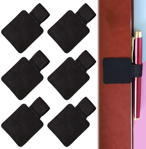 Pack of 6 Self-Adhesive Pen Loops, 4 x 4 cm Black Diary Pen Holder, PU Leather Stylus Flap, Elastic Band Accessories, Notebook, Calendar, Diaries, Tablet, Clipboard, Elastic Loop Notebook