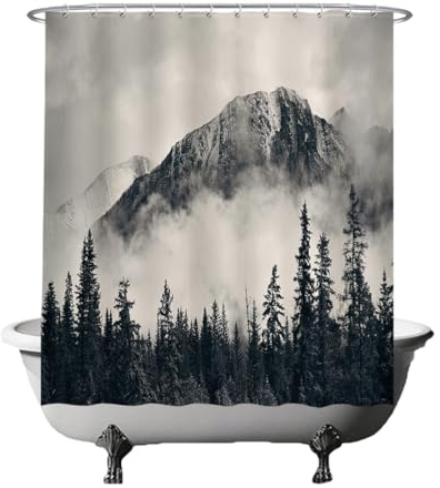 Ulticool Rideau de douche Salle de Bain, motif montagnes naturelles forêt de nuages, 180 x 180 cm, lavable, anti-moisissure, imperméable, avec 12 anneaux, blanc, gris, noir