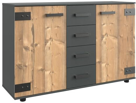 Sideboard Anrichte Kommode Schrank 2 Türen 4 Schubladen Industrial Style Graphit Fichte 130x83x41 cm