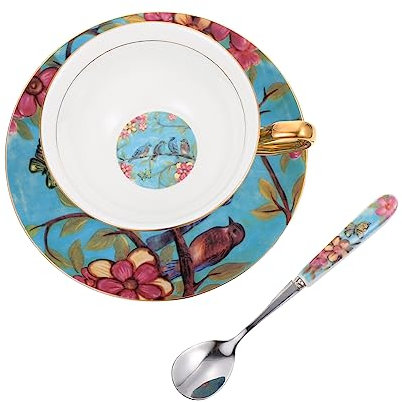 SHOWERORO Tazas De Café De Porcelana Europea Con Platillo y Cucharita Diseño Floral Para Café Té y Otras Bebidas Juego De Taza Platillo y Cucharita
