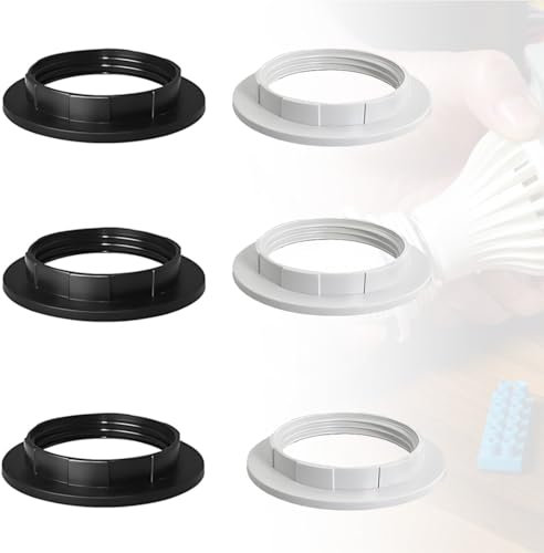 6 Stück E27 Schraubring Kunststoff E27 Schraubring für Lampenfassung Hitzebeständige Gewinde Ring für Lampenschirm Für Lampen Schirm oder Glas-Elemente (Weiß und Schwarz 40MM)