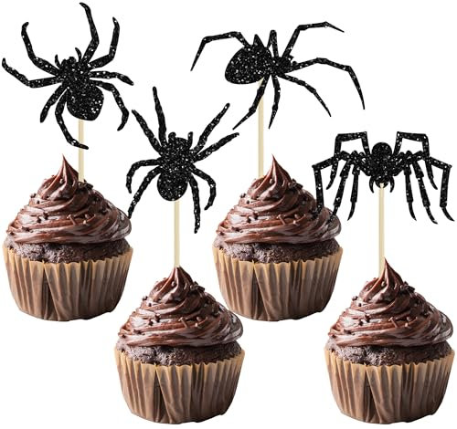 Gyufise 24Pcs Halloween Spider Cupcake Toppers Glitter Black Spider Cupcake Picks Halloween Cupcake Decorations for Halloween Theme Baby Shower Birthday Party Supplies
