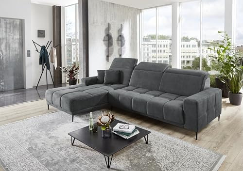 möbelando Wohnlandschaft >Lindesberg< in grau, Ottomane Links, Nosagunterfederung, Federkern, 3 manuelle Kopfteilverstellungen, inkl. 2 Zierkissen, 286x107x195 cm (BxHxT)