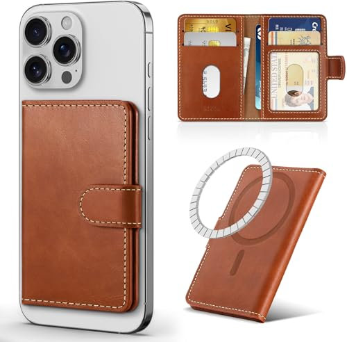 SHIELDON Compatible with MagSafe Wallet, Genuine Leather RFID Blocking Card Holder, 6 Card Slots & ID Window, Magnetic Phone Wallet for iPhone 16/15/14/13/12/Pro/Pro Max Series - Retro Brown