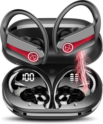 Btootos Cuffie Bluetooth Sport, Auricolari Bluetooth 5.3 con Mic Stereo, Cuffie Senza Fili con Ricarica Rapida USB-C, Cuffiette Bluetooth Doppio Display LED, Cuffie Wireless, Nero Rosso