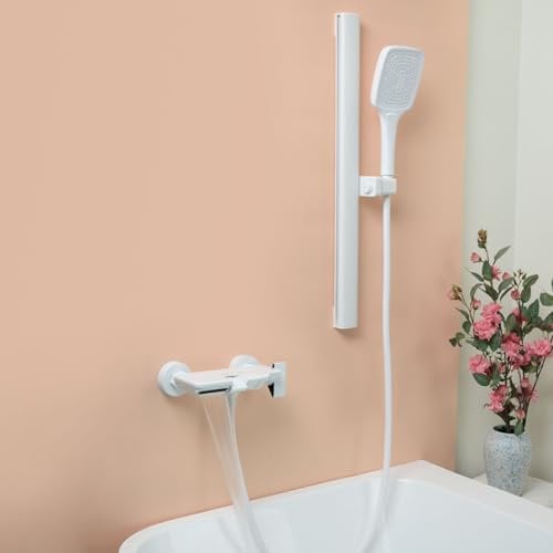 PHASAT Grifo de Bañera Cascada con Ducha de Mano, Grifo Mezclador de Bañera de Pared de Latón con Barra de Ducha Regulable, Mezclador Ducha Montado en La Pared Blanco PTBW16E