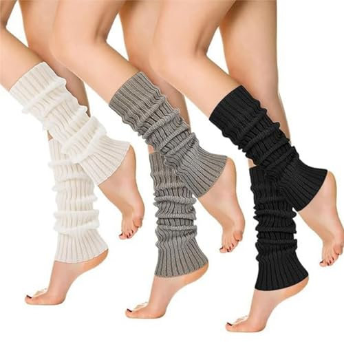 Haiyox 3 Pairs Leg Warmers,Knitted Leg Warmers For Women,Fashionable Boots Cuffs Knee Socks,Ice Skating Accessories,Fall/Winter Sleeves Fashion Accessorie(Black,White,Grey)