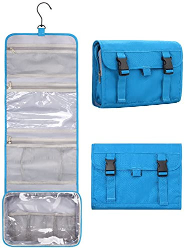 Twofold Hanging Travel Toiletry Bag for Women & Men, Large Capacity Waterproof Cosmetic Organizer with Foldable Design & Multi-Pockets for Skincare, Makeup, Shaving Kits - Blue