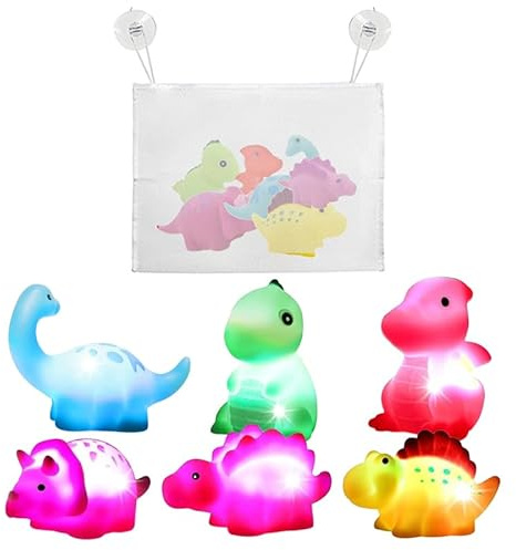 SensoSaurus Light Up Dinosaur Bath Toys, Set of 6 with Storage Bag, Water Activated Glowing Effect