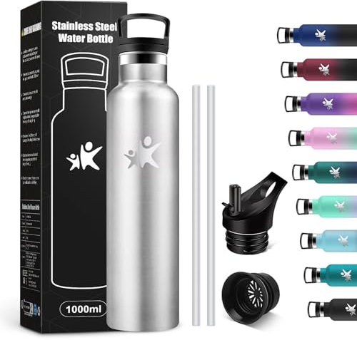 KollyKolla Thermosflasche 1L, Auslaufsicher Wasserflasche mit Strohhalm, Trinkflasche Kohlensäure Geeignet, BPA-frei, Isolierflasche Doppelwandig, Wasserflasche für Sprudel, Wandern, Reisen, Büro