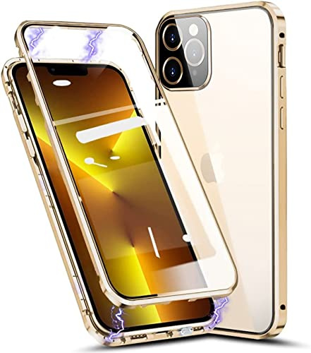 DoubCase for iPhone 13 Pro Magnetic Case,Front and Back Tempered Glass Double-sided Case with Camera Protector,360 Degree Full Cover Shockproof Bumper Metal Phone Case for iPhone 13 Pro,Gold