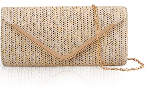 Larcenciel Stroh Clutch Beige, Sommer Strand Handtasche mit Abnehmbarer Kette, Boho Geflochtene Tasche, Elegante Umschlag Abendtasche, Lässige Gewebte Umhängetasche für Hochzeit Urlaub, 23x12x3CM