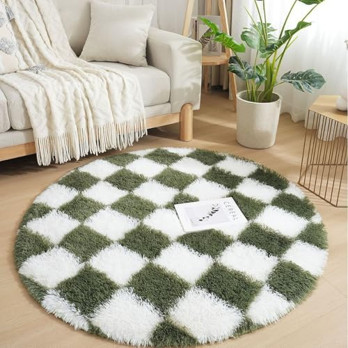 Lifup Teppich Rund Hochflor Teppich, Kariert Extra Weicher Flauschig Waschbar rutschfest für Wohnzimmer Schlafzimmer Grün-Weiß 2 80 x 80 cm