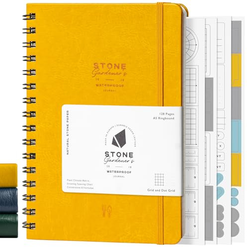 Stone Wetterfestes Tagebuch, Gartenbuch, A5, Ringbindung, gelber veganer Ledereinband, wasserdichtes Papier, 128 Seiten, halbes Raster & Punktraster, Gartenplaner mit Ressourcen für Pflanzenabstände