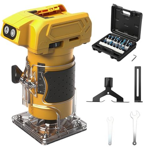 Router inalámbrico compatible con batería Dewalt de 20 V (sin batería), recortadora de madera sin escobillas de 800 W con 10000-30000 rpm de 5 velocidades, guía recta y 15 brocas de fresado, enrutador