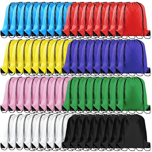 LYCN 64 Stück Turnbeutel Kordelzug Rucksack Tasche, Sportbeutel mit Kordelzug aus Polyester, Mehrfarbige Beutel für Party Reisen Camping Fitness Sport Yoga (8 Farben)
