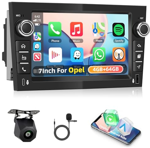 Motorsi 4GB+64GB Carplay Stereo per Opel Astra Corsa Zafira Meriva Combo Signum Tigra TwinTop, Android Auto Bluetooth Autoradio con GPS WiFi RDS/FM Radio SWC EQ USB Canbus + Telecamera Posteriore