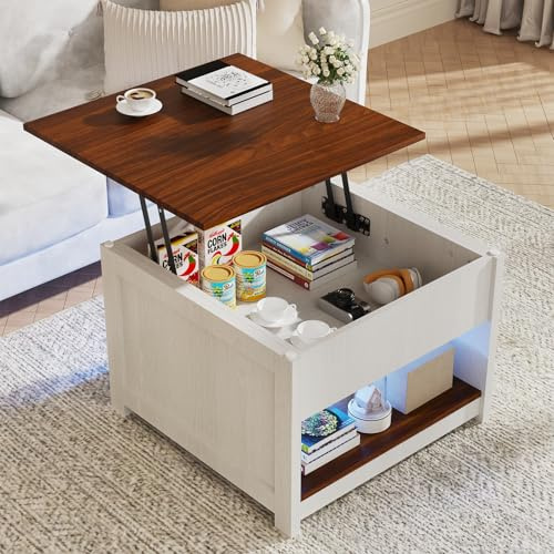 Msutree Höhenverstellbarer Couchtisch 62x62 cm mit RGB LED Beleuchtung, Lift-Top Kaffeetisch für Wohnzimmer, Sofatisch in Holzoptik mit Stauraum, App & Fernbedienung