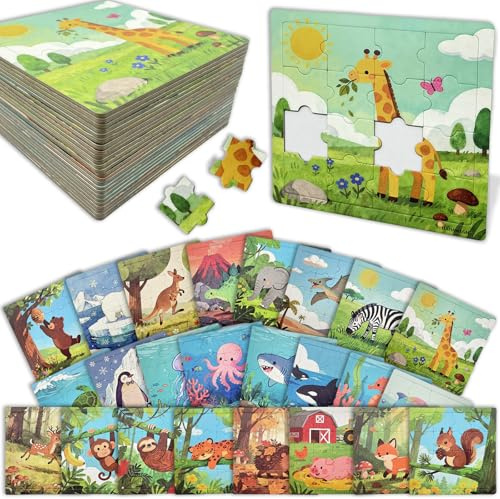 HahaMagic Kinderpuzzle, 24er Set 16 Teile Kleinkind-Puzzle mit Unterlage | Einzeln Verpackte Tierische Lernspielzeuge für Partygeschenke Geburtstagsgeschenke Klassenzimmerpreise, Kids' Party Favors