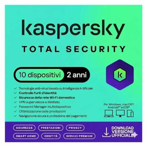 nextradeitalia Kaspersky Total Security 2026 PC/Mac/Android/iOS - 2 Anni- 10 DISPOSITIVI