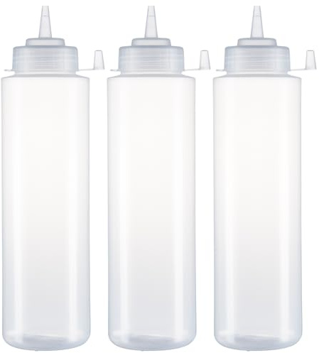 HR Hogar - Botella de Salsas Squeeze, Botellas Exprimibles Reutilizables y Reciclables - Sin BPA, Dispensador con Tapón Antifugas Sin Goteo - Fabricado en Europa (Transparente, 1 L - 3 unidades)
