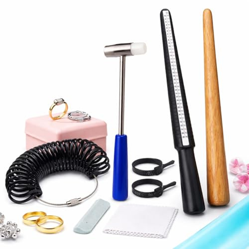 10 PCS Ring Sizer Tool Kit UK Sizes, Ring Measuring Set with Ring Mandrel, Finger Gauge Set, Soft Measuring Rulers, Wooden Ring Stick, Plastic Mallet, Polishing Strip & Cloth for Resizing and Repair