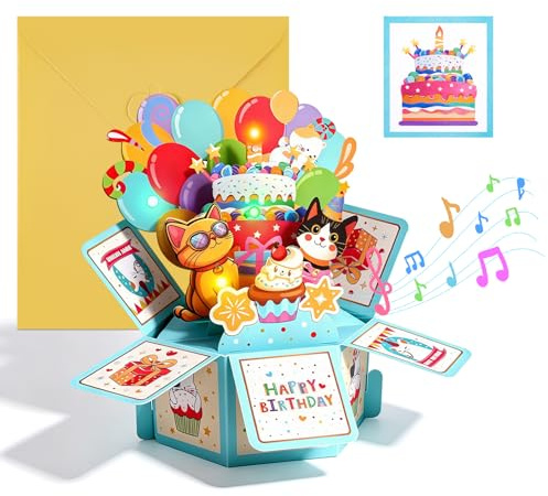 CudTrove Geburtstagskarte 3D Pop-Up Katze Musik LED Ausblasen | 3D Pop-Up Katze, LED Kerze zum Auspusten, Happy Birthday Musik, Geschenk für Mädchen, Frauen & Katzenliebhaber, Batterie inkl