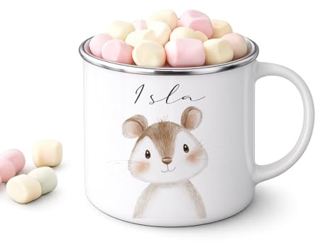 Personalisierte Kinder Emaille Tasse mit Namen – Niedliche Tiermotive Kindertasse – Geschenk zur Geburt, Taufe, Geburtstag, Einschulung (Maus)