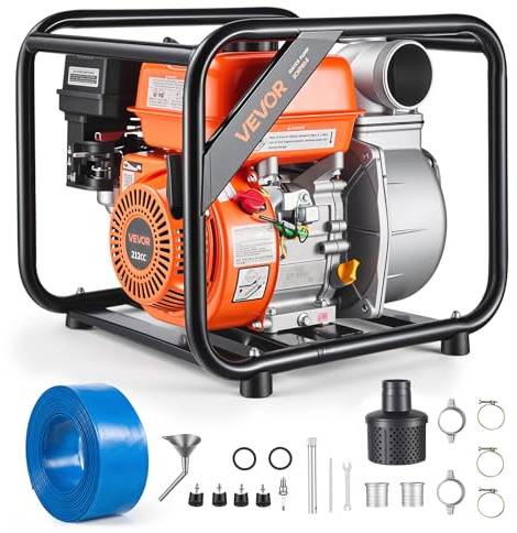 VEVOR Pompa Acqua a Benzina, Motopompa per Irrigazione Prato Laghetti Piscina Giardino 59960 L/H, Trasferimento Acqua 7 CV, Pompa Acqua con Motore a Benzina Tubo 7,6m Dimensioni Porta 76,2 mm