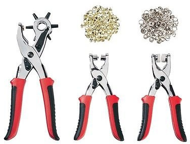 Set de pinces pour cuir, carton, feutre et plastique, 1 trou * Perforatrice, 1 * Pince à œillets, 1 * Bouton Pression Pince avec 100 oeillets et 25 boutons pression