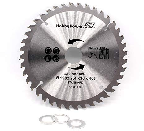 Lame de scie circulaire en métal dur pour bois, scie radiale, scie à onglet 190 x 30 mm, 40 dents dentées + 3 bagues de réduction à 24,4 mm, 20 mm et 16 mm