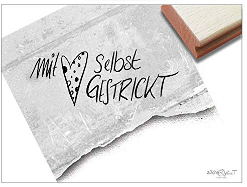 Stempel Textstempel MIT LIEBE SELBST GESTRICKT mit Herz - Schriftstempel Schilder Etiketten Banderole selbst gemacht Handarbeit - zAcheR-fineT