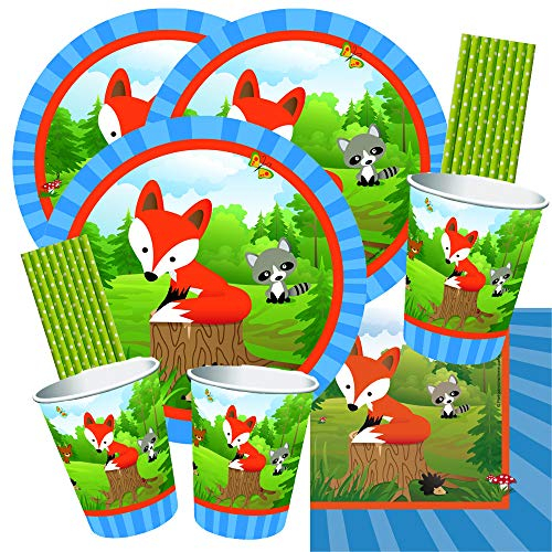 spielum 68-teiliges Party-Set Kleiner Fuchs - Teller Becher Servietten Trinkhalme für 16 Kinder