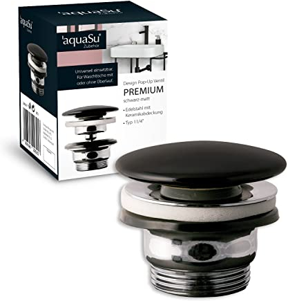 aquaSu® Design Pop-Up-Ventil in schwarz-matt | verschließbar durch Drücken | für Waschbecken und Bidet | rund | Keramikdeckel in schwarz | Standard-Anschluss: 1 1/4 | Ø 70 mm | Metall | 22625 7