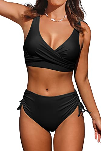 Beachsissi Damen Hoch taillierte Badeanzüge Criss Cross Drawstring Side Bikini Sets Lace Up 2 Stück Badeanzüge, Schwarz, L