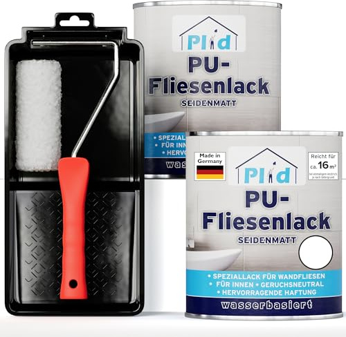 Plid Fliesenfarbe Weiß Satin 1,5 l – mit Lackierset | Fliesenlack Bad & Küche | Feuchtigkeitsbeständig | Hochdeckend | Wandfliesen Innen | ca. 16 m² | Made in Germany
