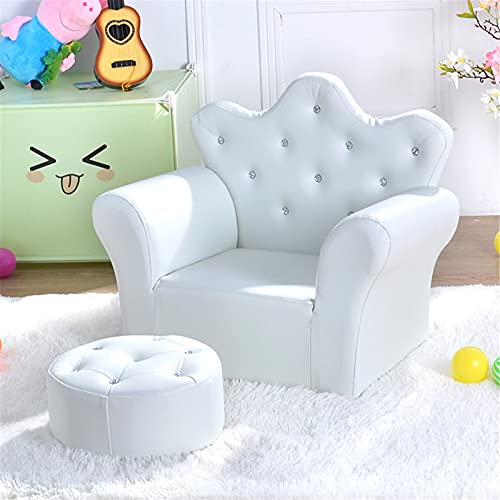 JHKGY Kindersofastuhl,Kindersofa Mit Fußhocker,Gepolsterte Couch Für Kleinkinder Mit Holzrahmen,Kindersessel Crown,Kinderstuhl Aus PVC-Leder,Für Wohnzimmer Schlafzimmer,Weiß